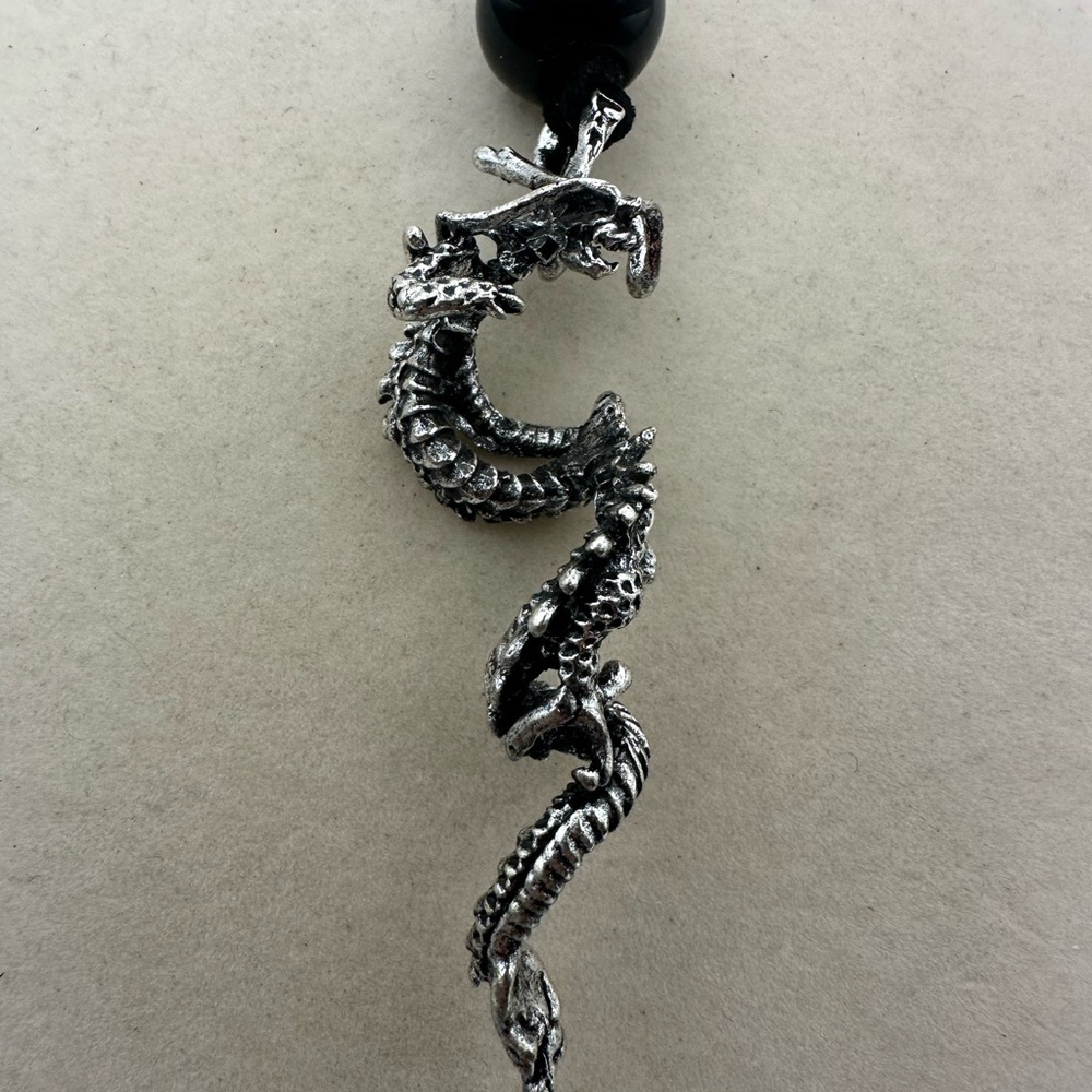 Silver Dragon Pendant Necklace on Faux Leather - Picture 5 of 7